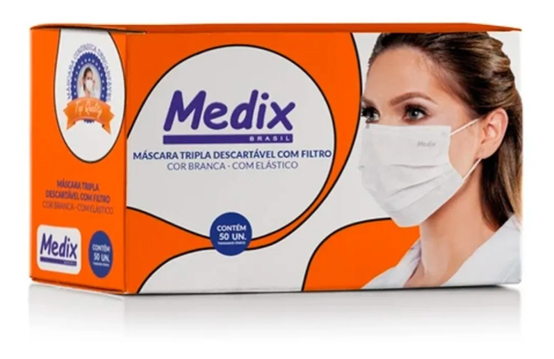 kit 100 Mascara Descartável De Proteção Facial Tripla Branca 2cx - Medix