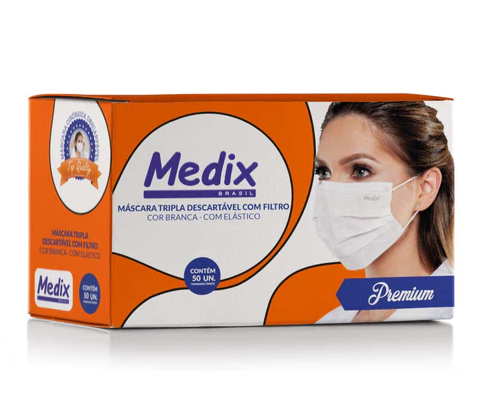 Mascara Descartável De Proteção Facial Tripla Branca 50und - Medix